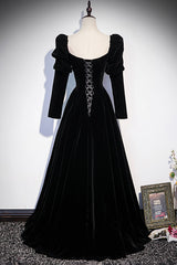 Prom Dress Tulle, Black Velvet Long Sleeve Prom Dress, A-Line Evening Party Dress