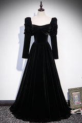 Prom Dress With Sleeves, Black Velvet Long Sleeve Prom Dress, A-Line Evening Party Dress