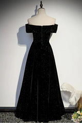 Party Dresses Style, Black Velvet Off Shoulder Long Party Dress, Black Simple Prom Dress
