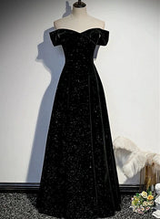 Party Dress Dress, Black Velvet Off Shoulder Long Party Dress, Black Simple Prom Dress