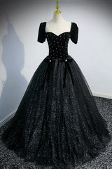 Long Gown, Black Velvet Tulle Long Ball Gown, Black A-Line Formal Evening Gown