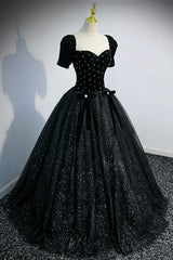 Ruffle Dress, Black Velvet Tulle Long Ball Gown, Black A-Line Formal Evening Gown
