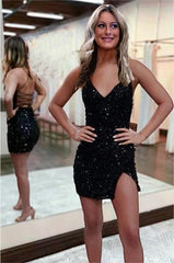 Prom Dresse 2031, Sparkly Spaghetti Straps V Neck Sequins Short Homecoming Dresses