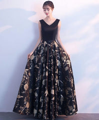 Bridesmaid Dress Long Sleeve, Black V Neck Floral Pattern Long Prom Dress, Evening Dress