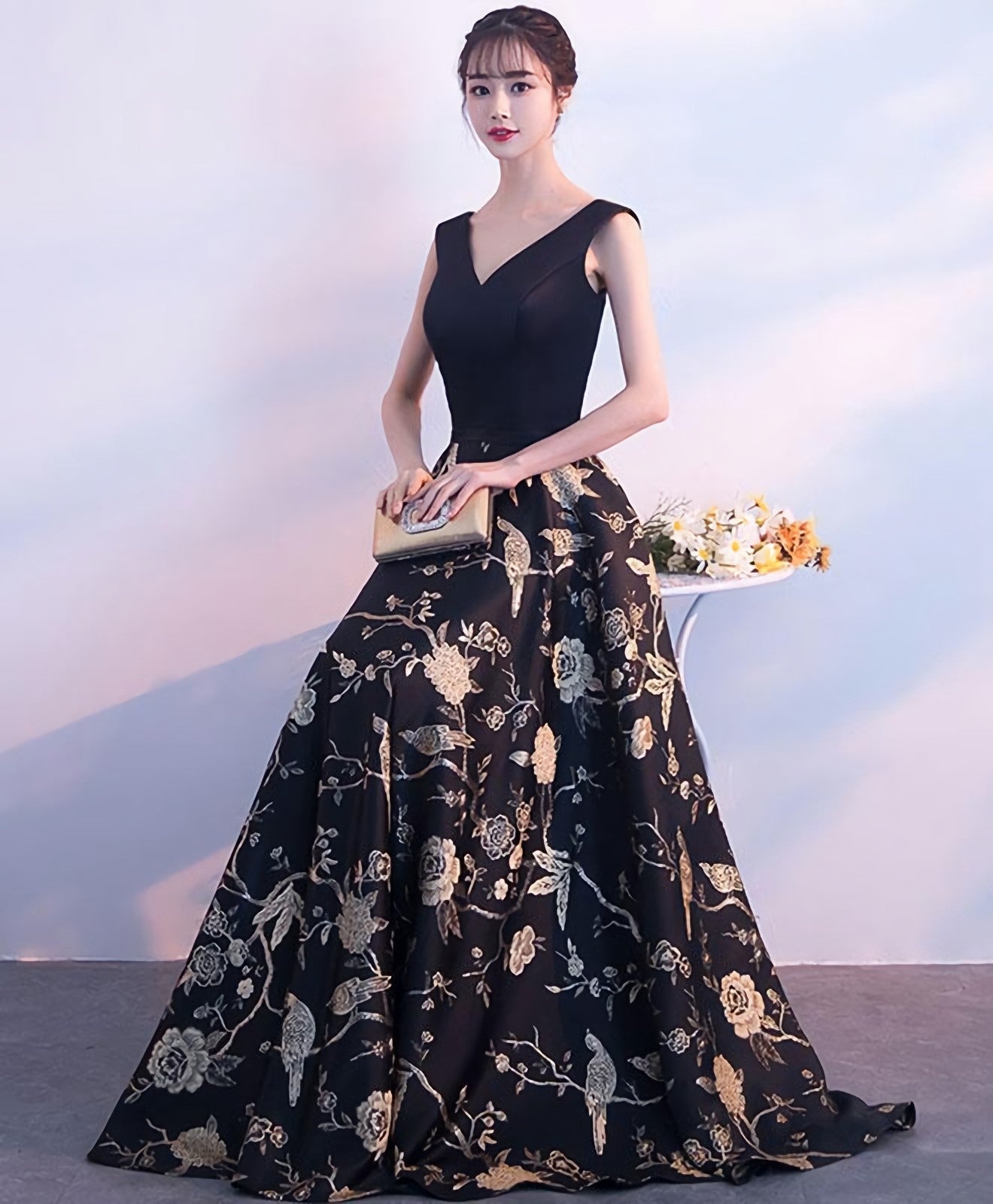 Bridesmaids Dresses Convertible, Black V Neck Floral Pattern Long Prom Dress, Evening Dress