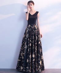 Bridesmaid Dresses Convertable, Black V Neck Floral Pattern Long Prom Dress, Evening Dress