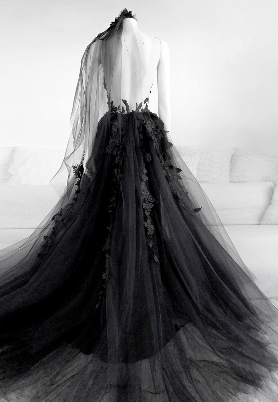 Prom Dresse 2037, Black Lace Long Prom Dress, A-Line Backless Evening Dress