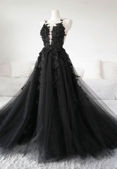 Prom Dresses On Sale, Black Tulle Lace Long Prom Dress, Black Formal Graduation Dress