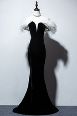 Prom Pictures, Black Velvet Mermaid Prom Dress with Feather, Off the Shoulder Long Evening Gown