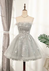 Bridesmaid Dresse Styles, Gray Strapless Feather Short Prom Dresses, Cute Party Dresses