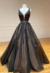 Homecoming Dress Floral, Black V-Neck Lace Long Prom Dresses, A-Line Evening Dresses