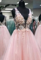 Homecoming Dresses Elegant, Pink V-Neck Tulle Long Prom Dresses, A Line Evening Dresses