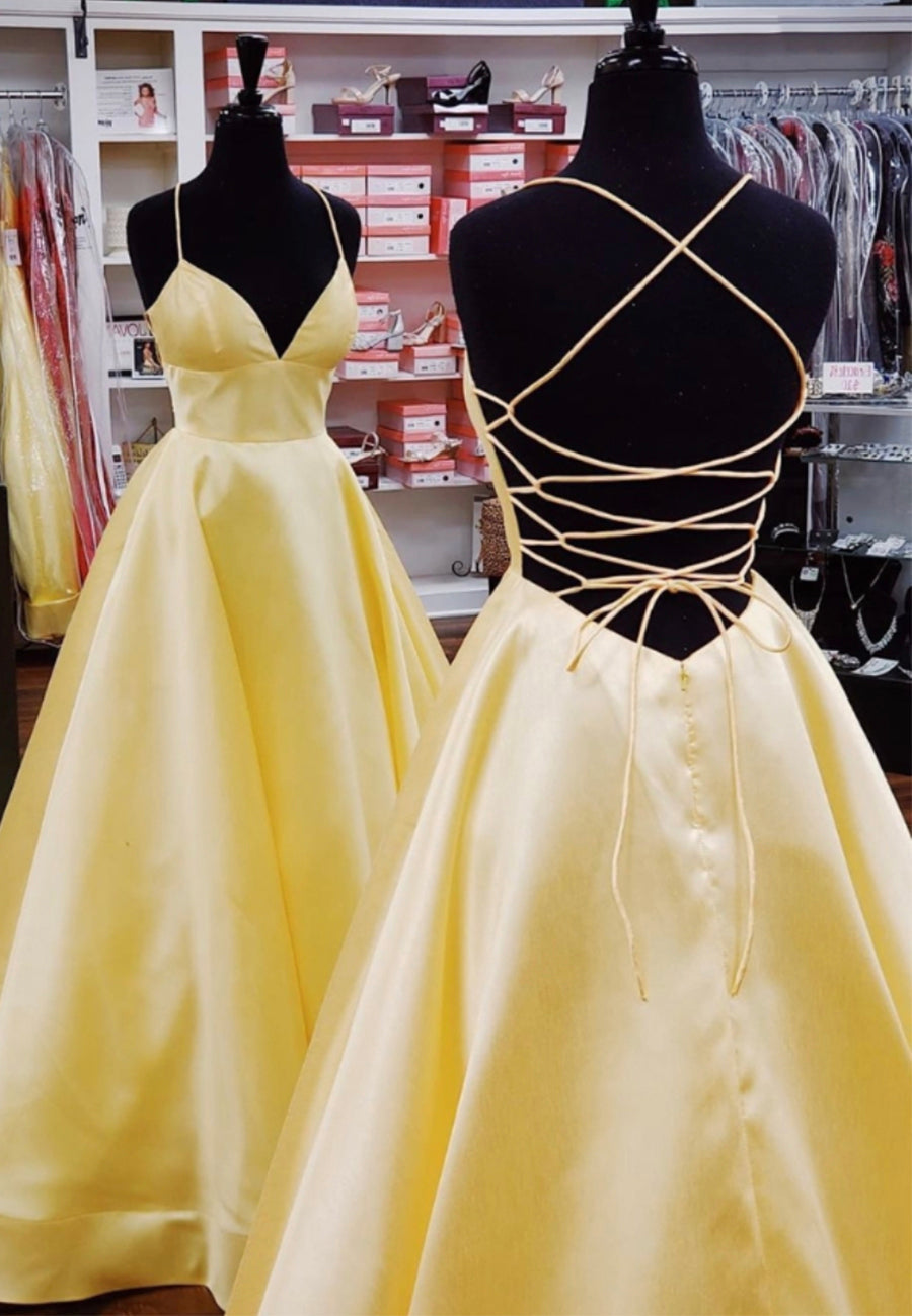 Backless Prom Dress, Yellow Satin Long Prom Dresses, Simple A-Line Evening Dresses