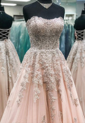 Prom Dresses Princess, Pink Strapless Lace Long Prom Dresses, A-Line Evening Dresses