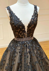 Homecomming Dresses Floral, Black V-Neck Lace Long Prom Dresses, A-Line Evening Dresses