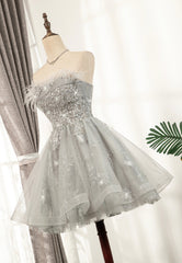 Bridesmaids Dresses Styles, Gray Strapless Feather Short Prom Dresses, Cute Party Dresses