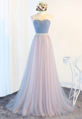 Formal Dress Long Gowns, Blue Tulle Long Prom Dresses, A-Line Strapless Evening Dresses