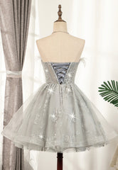 Bridesmaids Dress Styles, Gray Strapless Feather Short Prom Dresses, Cute Party Dresses