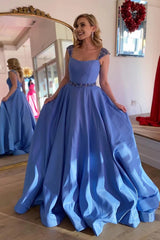 Blue A-Line Cap Sleeves Long Prom Dress with Beading