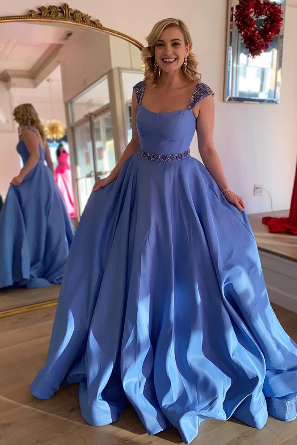 Blue A-Line Cap Sleeves Long Prom Dress with Beading