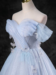 Night Dress, Blue A-Line Off Shoulder Tulle Long Prom Dress, Blue Formal Dress