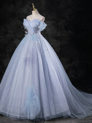 Black Formal Dress, Blue A-Line Off Shoulder Tulle Long Prom Dress, Blue Formal Dress