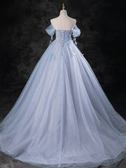 Long Sleeve Prom Dress, Blue A-Line Off Shoulder Tulle Long Prom Dress, Blue Formal Dress