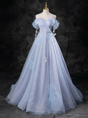 Prom Dress Blue, Blue A-Line Off Shoulder Tulle Long Prom Dress, Blue Formal Dress