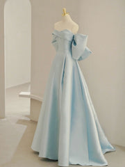 Evening Dress Long Elegant, Blue A-Line Satin Long Prom Dresses, Blue Satin Evening Dresses