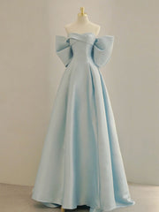 Evening Dress Princess, Blue A-Line Satin Long Prom Dresses, Blue Satin Evening Dresses