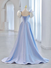 Prom Dresses 2021, Blue A-Line Satin Long Prom Dresses, Blue Satin Formal Evening Dress