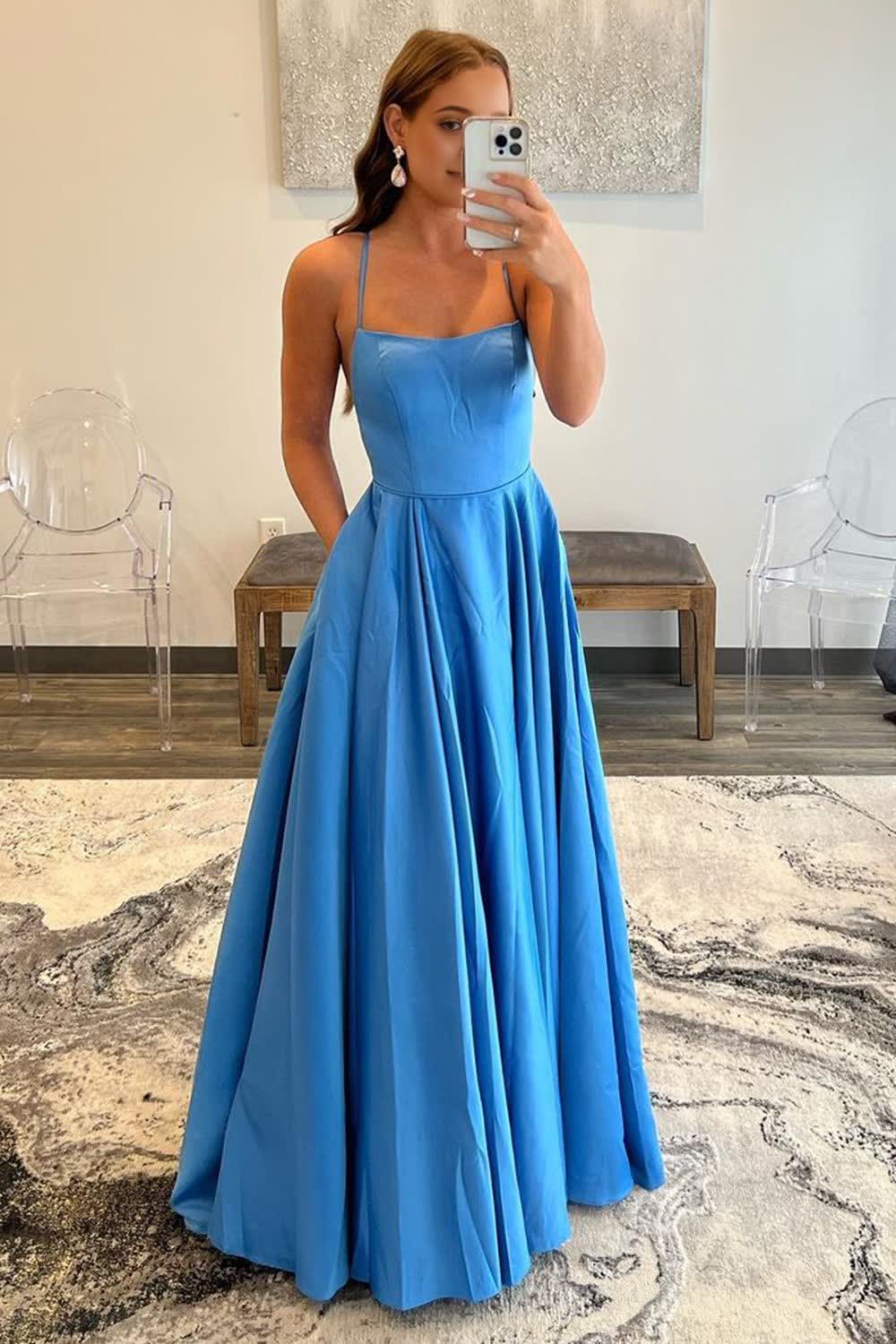 Blue A-Line Spaghetti Straps Simple Prom Dress with Pockets