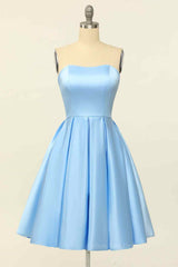 Bridesmaid Dresses Convertable, Blue A-line Strapless Satin Mini Homecoming Dress
