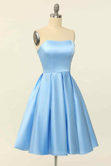 Bridesmaid Dresses Convertible, Blue A-line Strapless Satin Mini Homecoming Dress