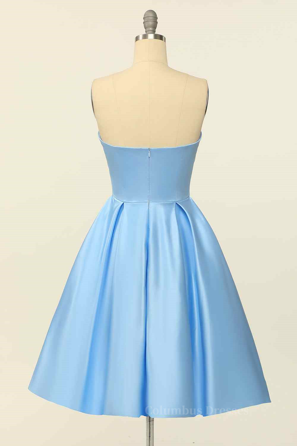 Bridesmaids Dress Convertible, Blue A-line Strapless Satin Mini Homecoming Dress
