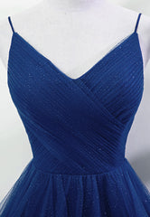 Bridesmaid Dress 2023, Blue A-line Straps Tulle Layers Long Party Dress, Blue Long Prom Dress