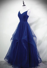 Bridesmaid Dress 2024, Blue A-line Straps Tulle Layers Long Party Dress, Blue Long Prom Dress