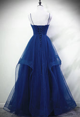 Bridesmaid Dresses Mismatched Colors, Blue A-line Straps Tulle Layers Long Party Dress, Blue Long Prom Dress
