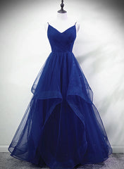 Bridesmaid Dresses 2024, Blue A-line Straps Tulle Layers Long Party Dress, Blue Long Prom Dress
