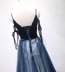 Homecoming Dresses Sweetheart, Blue A-line Straps Tulle Long Evening Dress Party Dress, Blue Bridesmaid Dress