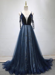 Homecomming Dress Vintage, Blue A-line Straps Tulle Long Evening Dress Party Dress, Blue Bridesmaid Dress