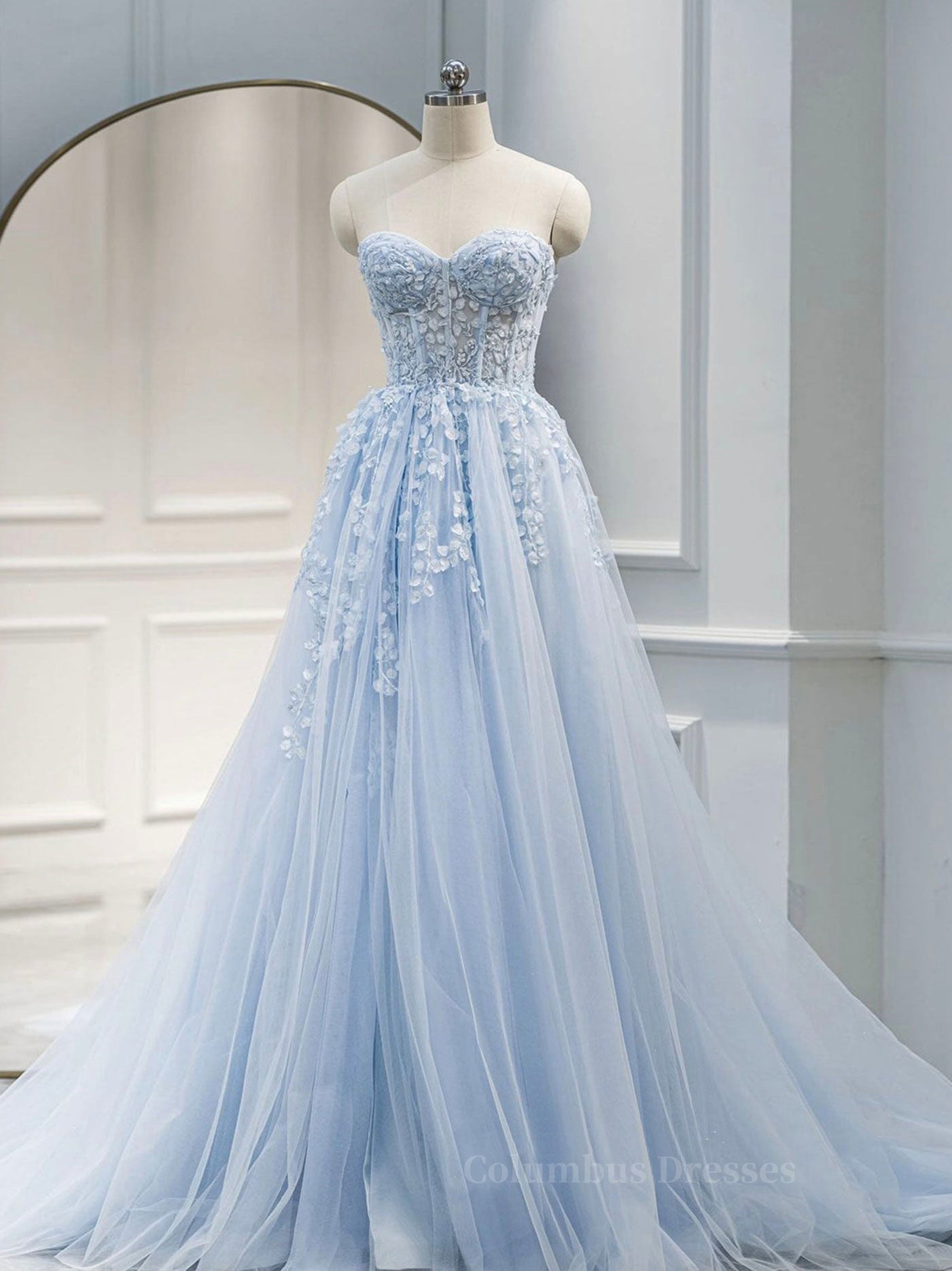 Formal Dress Boutiques Near Me, Blue A line tulle lace long prom dress blue lace formal dress