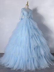 Prom Dresses Fitted, Blue A-Line Tulle Lace Long Prom Dress, Blue Lace Formal Evening Dresses