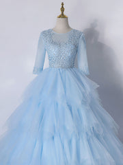Prom Dress A Line Prom Dress, Blue A-Line Tulle Lace Long Prom Dress, Blue Lace Formal Evening Dresses