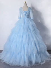 Prom Dresses Simple, Blue A-Line Tulle Lace Long Prom Dress, Blue Lace Formal Evening Dresses