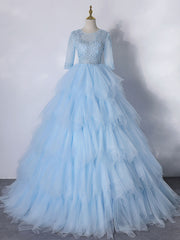 Prom Dresses Blue, Blue A-Line Tulle Lace Long Prom Dress, Blue Lace Formal Evening Dresses