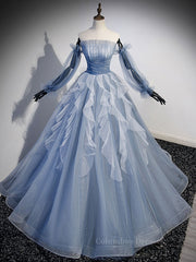 Homecomming Dresses Short, Blue A-Line Tulle Lace Long Prom Dresses, Blue Formal Evening Dresses
