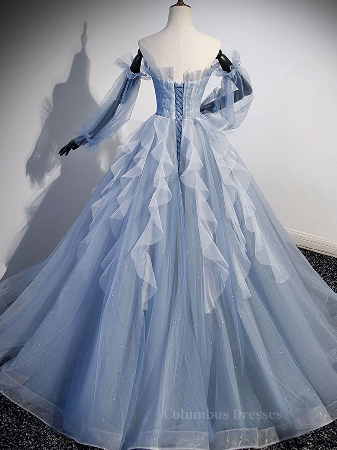 Homecomeing Dresses Long, Blue A-Line Tulle Lace Long Prom Dresses, Blue Formal Evening Dresses