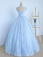 Homecoming Dresses Pockets, Blue A-Line Tulle Lace Long Prom Dresses, Blue Lace Formal Evening Dresses