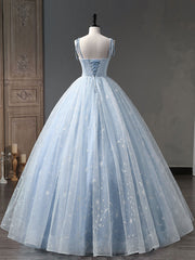 Homecomming Dress With Sleeves, Blue A-Line Tulle Long Prom Dress, Blue Formal Sweet 16 Dress